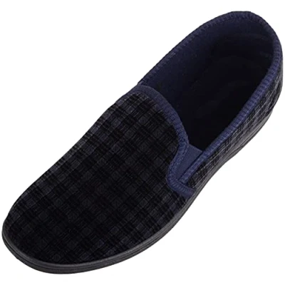 Image of ABSOLUTE FOOTWEAR Mens Slip On Twin Gusset Velour Style Checked Winter Slipper Navy UK 10 / EU 44