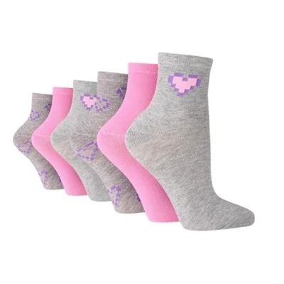 Image of SockShop 6 Pairs Wildfeet Ladies Bamboo Mid Length Ankle Socks (UK, Numeric, 4, 8, Regular, x Grey/Pink/Purple HEARTS)