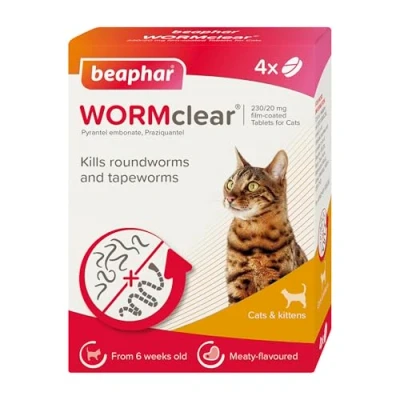 Image of Beaphar WORMclear® Tablets for Cats 4 Tablet Pack Kills All Common UK Intestinal Worms (Roundworms &amp; Tapeworms) Ideal Multi Cat Households Vet Strength Treatment Meaty Flavoured