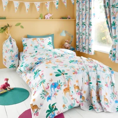Image of Happy Linen Company Girls Boys Kids Sunset Safari Animals White Double Reversible Soft Easy Care Bed Duvet Cover Quilt Bedding Set With Pillow Cases