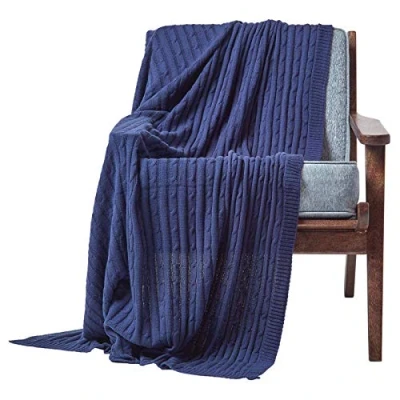 Image of HOMESCAPES Large Navy Cable Knit Throw 150 x 200 cm Combed Cotton Soft and Cosy Dark Blue Blanket Bed Sofa For Small Sofas Double Beds