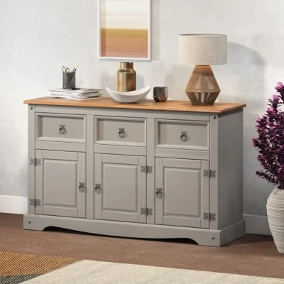 Image of Corona Sideboard Grey 3 Door Drawer Solid Pine Wax Living Room