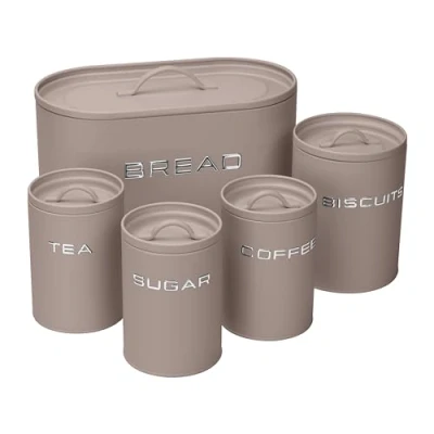 Image of simpa 5PC Stylish Matte Mushroom Metal Kitchen Storage Set Including Oval Bread Bin and Round Biscuit Tin, Tea, Coffee Sugar Canisters.