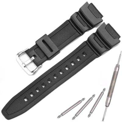 Image of MCXGL Natural Resin Replacement Watch Band Compatible with Casio AE 1200 SGW 300H MRW 200H W 735H Waterproof Rubber strap (Black silver buckle)