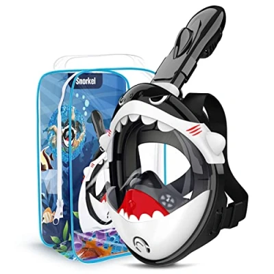 Image of Dancial Snorkel Mask for Kids 180 Panoramic View Full Face Diving Set, Anti Leak, Fog, Free Breathing, Dry Top Swimming Mask, Shark Gift Ages 4 12 (Black)