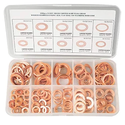 Image of 200pcs Solid Copper Washer Set, 9 Size Metric Sealing Washers Assortment Gasket Hardware Accessories Kits Round Sump Plug with Box