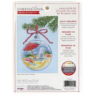 Image of Dimensions Beach Ornament Christmas Counted Cross Stitch Kit, 5&quot; x 7&quot;, 14 Cnt. Light Blue Aida 5 Piece