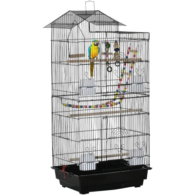 Image of PawHut Metal Bird Cage for Budgies, Finches W/Accessories, Toys, Tray, Handle Black