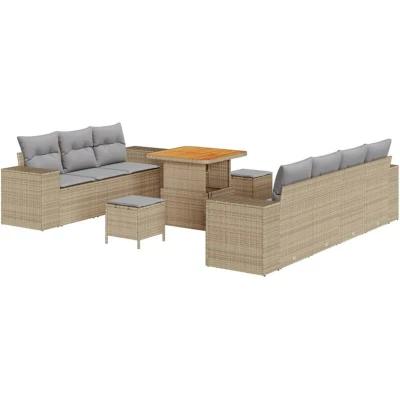Image of vidaXL 10 Piece Garden Sofa Set with Cushions Beige Poly Rattan Acacia