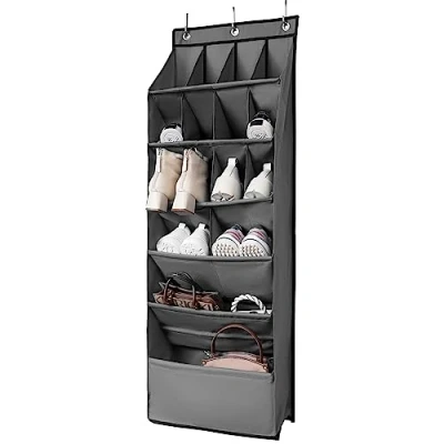 Image of Foribyw Over The Door Shoe Organizer Large Capacity Hanging Rack with 16 Pockets 600D Oxford Cloth Holder Bag for Bedroom Bathroom Narrow Closet Dorm(Grey)