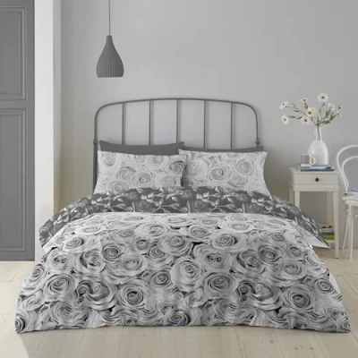 Image of GC GAVENO CAVAILIA Printed Flower Bedding Grey, Easy Care Super King Duvet Set, Lightweight Comforter Cover