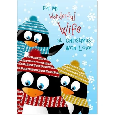 Image of doodlecards Wife Christmas Card Three Penquins Large A4 Size for with Plain Envelope