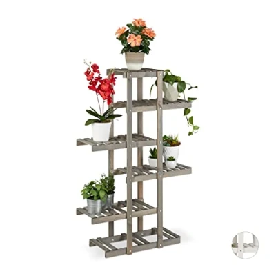 Image of Relaxdays Wooden Flower Rack, 5 Tier Plant Stand, Indoor Shelf, Shabby Look, 125x81x25cm, Grey