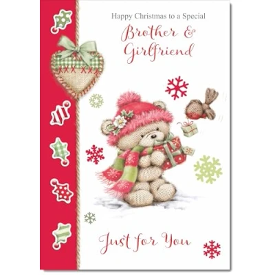Image of doodlecards Brother and Girlfriend Christmas Card Cute Bear with Red Hat Medium Size for &amp; Plain Envelope