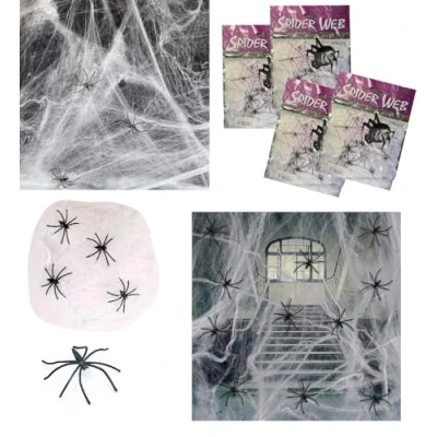 Image of Quickdraw Halloween Fake Spider Web with Spiders Included Stretchy Cobweb Decoration Perfect for Parties &amp; Haunted Houses (4 Packs (160g 16 Spiders))