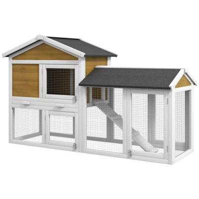 Image of PawHut Wooden Rabbit Hutch Outdoor, Double Tier Guinea Pig Hutch, Small Animal House Water Resistant Roof Ramp 147 x 54 84 cm, Yellow
