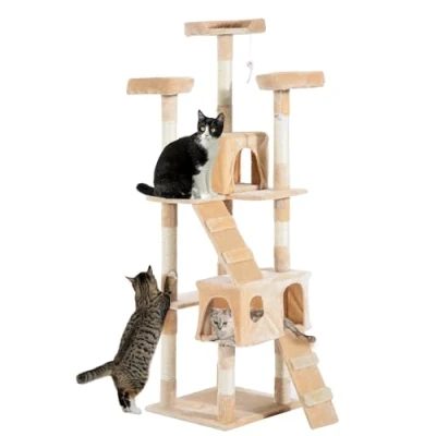 Image of PawHut Cat Tree for Indoor Cats, 170cm Tower Scratching Post Tall Climbing Tower, Activity Centre House Cream