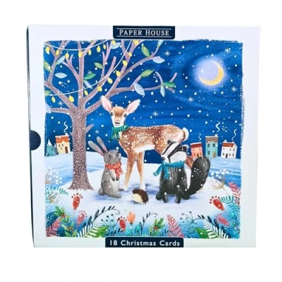 Image of Box of 18 Paper House Festive Cute Woodland Animals Christmas Cards Boxed Xmas PSOP0015