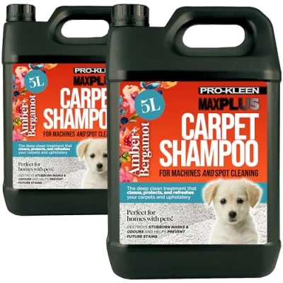 Image of Pro Kleen MAXPLUS Carpet Shampoo &amp; Upholstery Cleaner Premium Formula to Remove Dirt Stains Removes Pet Odours Suitable for all Machines (Amber Bergamot, 2 x 5 Litres)