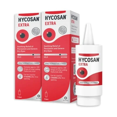 Image of Hycosan Extra Double Pack Preservative Free Eye Drops Sodium Hyaluronate 0.2% for Treatment of Dry Eyes 2x7.5ml