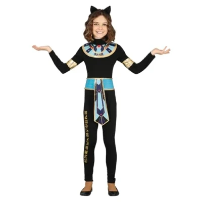 Image of FIESTAS GUIRCA Egyptian Cat Girl Fancy Dress Costume Kids Outfit with Black Headband and Cleopatra Jumpsuit for Children 7 9 Years