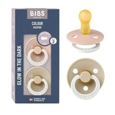 Image of BIBS Colour Glow Soother 2 Pack, in The Dark BPA Free Dummy Pacifier, Round Nipple. Natural Rubber Latex, Size (6 18 Months), Blush Night/Vanilla Night