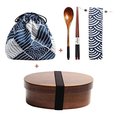 Image of Wooden Lunch Box Japanese Bento Dinnerware Set with Bag &amp; Spoon Fork Chopsticks Picnic for Students (JP9)