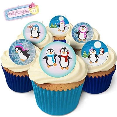 Image of 24 Edible Pre Cut Wafer Round Cake Toppers: Penguins