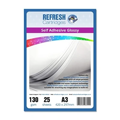 Image of Refresh Cartridges Glossy A3 Self Adhesive Inkjet Photo Paper 130gsm 25 Sheets