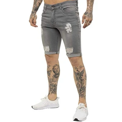 Image of Enzo EZS383 Jeans Mens Denim Shorts Skinny Fit Distressed Ripped Half Pants Grey 34