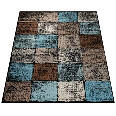 Image of Paco Home Designer Rug Living Room Attractive Colour Combination Checked Turquoise Brown Cream, Size:70x250 cm