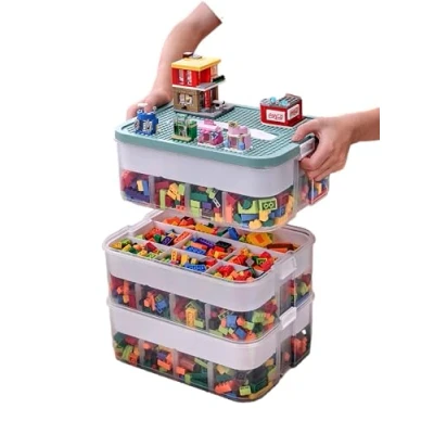 Image of Storage Boxes with Lids for Lego Cube Kids Toy Box 3 Layers Stackable Plastic Drawer Organiser Clear Compartment Craft Containers Magnetic Building Blocks Bricks Puzzle Board Organizer Accessories