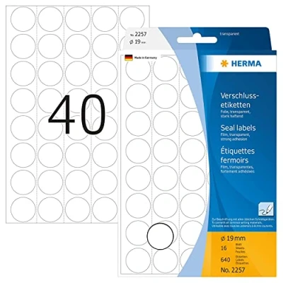 Image of HERMA Clear Seal Stickers, 640 Labels, Ø 19 mm, 40 Labels per Sheet, Self Adhesive Round Sealing Blank Sticky Dots for Mail Envelopes Boxes Gift Packaging, Transparent