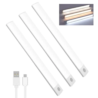 Image of Lychico Motion Sensor Lights Indoor (30cm), 3 Pack 60 LED Under Cabinet 6000K, USB Rechargeable Battery Powered Night with Magnetic Strip for Kitchen, Wardrobe, Garage, Stairs, Bedroom