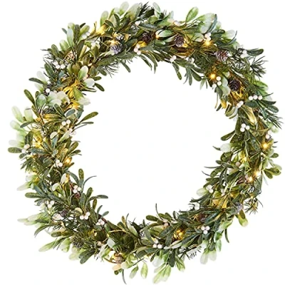 Image of WeRChristmas Pre Lit Frosted Mistletoe Wreath, 50 Warm White LED Lights, Green, 76 cm