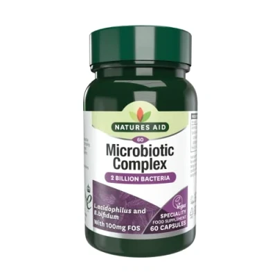 Image of Natures Aid Microbiotic Complex 60 Capsules High Strength Gut Friendly Bacterial Lactobacillus Acidophilus Supplement Support for Healthy Digestion Vegan Vegetarian Gluten Free Not Gummies Tablets