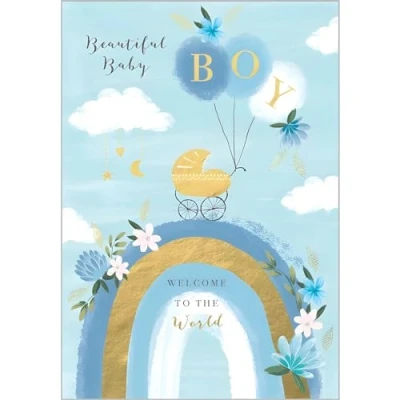 Image of New Baby Boy Congratulations Card Welcome to the World Beautiful Rainbow Design Special Finishes Made in UK Eco Friendly