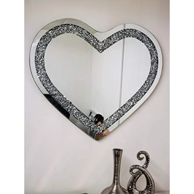 Image of DEENZ Heart Crushed Diamond Crystal Glass Frame Silver Bevelled Wall Mirror Bling Shape 70x80cm
