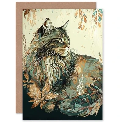 Image of Artery8 Maine Coon Cat with Flower Pattern Modern Watercolour Illustration Art Birthday Sealed Greeting Card Plus Envelope Blank inside