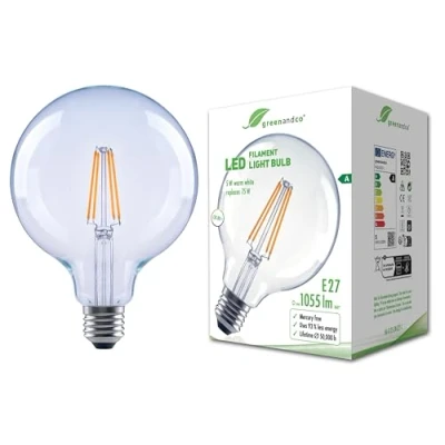 Image of greenandco Clear LED Filament Bulb E27 G125 5W 1055lm Replaces 75W 2700K Warm White 320 230V Flicker Free Energy Class A Non Dimmable