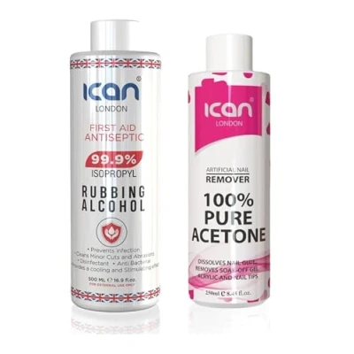 Image of ican London 100% Pure Acetone Nail Polish Remover UV Gel Soak Off 250ml + 99.9% Rubbing Alcohol For Prep &amp; Wipe Residue Cleanser, Disinfectant 500ml Care Combo Pack