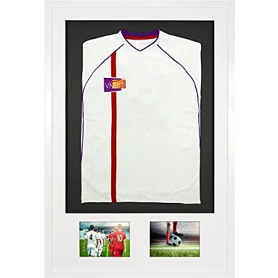 Image of Vivarti DIY Adult 3D Mounted + Double Aperture Sports Shirt Display Frame for Football Shirt, Rugby Band Shadow Box 61 x 91.5cm Gloss White Frame, Mount, Black Backing Card