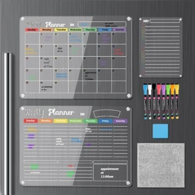 Image of Hivillexun 3 Pack Acrylic Magnetic Dry Erase Calendar Set Monthly, Weekly &amp; Daily Planners for Fridge Wall, Includes 8 Markers, Eraser Cleaning Cloth