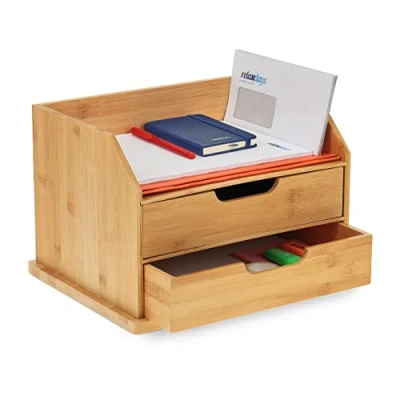 Image of Relaxdays desk organizer, 2 drawers, office, shelf for letters &amp; documents, HBT 24 x 36 28 cm, bamboo, natural, color light brown
