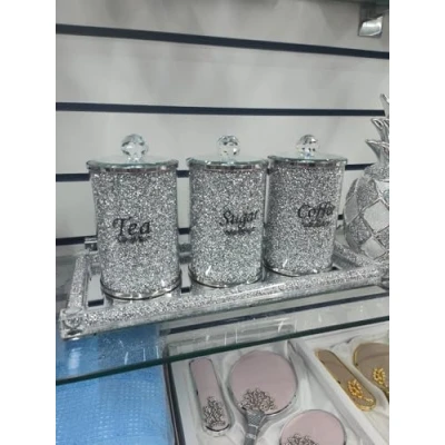 Image of Biznest Set Of Diamond Crushed Tea Coffee Sugar Jars &amp; Mirrored Crystal Candle Plate 39X18Cm Elegant Addition To Your Home Best Gift