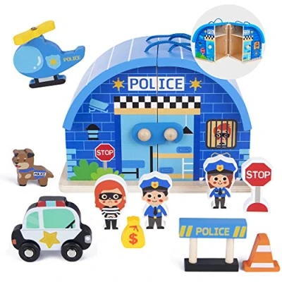 Image of Woody Treasures Wooden Toys 10 Piece Police Station Playset for Kids 3 Years &amp; Up Children&#039;s Interactive Role Play / Pretend Toddler Boys Girls with Carry Case