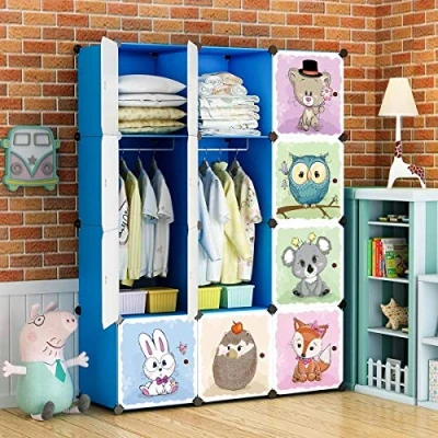 Image of BRIAN &amp; DANY Cartoon Clothes Closet Wardrobe DIY Modular Storage Organizer, Sturdy and Safe for Children, 8 Cubes 2 Hanging Sections, Blue, 110 x 47 147 cm