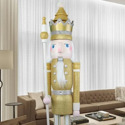 Image of CDL 120cm 48&quot; 4Ft Tall Life Size Large/Giant Gold Glitter Christmas Wooden Nutcracker King Ornament On Stand Holds Scepter For Indoor Outdoor Xmas/Event/Wedding Party Decoration K29