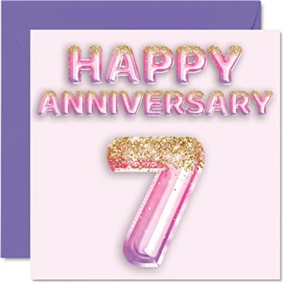 Image of Pretty Copper Anniversary Card for Wife Girlfriend Husband Boyfriend Pink Purple Glitter Balloons Happy 7th Cards from Family, 145mm x Greeting Seventh Anniversaries