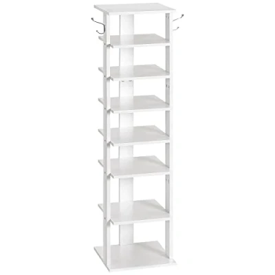 Image of HOOBRO Shoe Rack Wooden, White Rack, Tall Narrow Storage Organizer with 2 Hooks, Slim Shelf, Vertical Tower for Entrance, Living Room, Hallway, EWT07XJ01G1